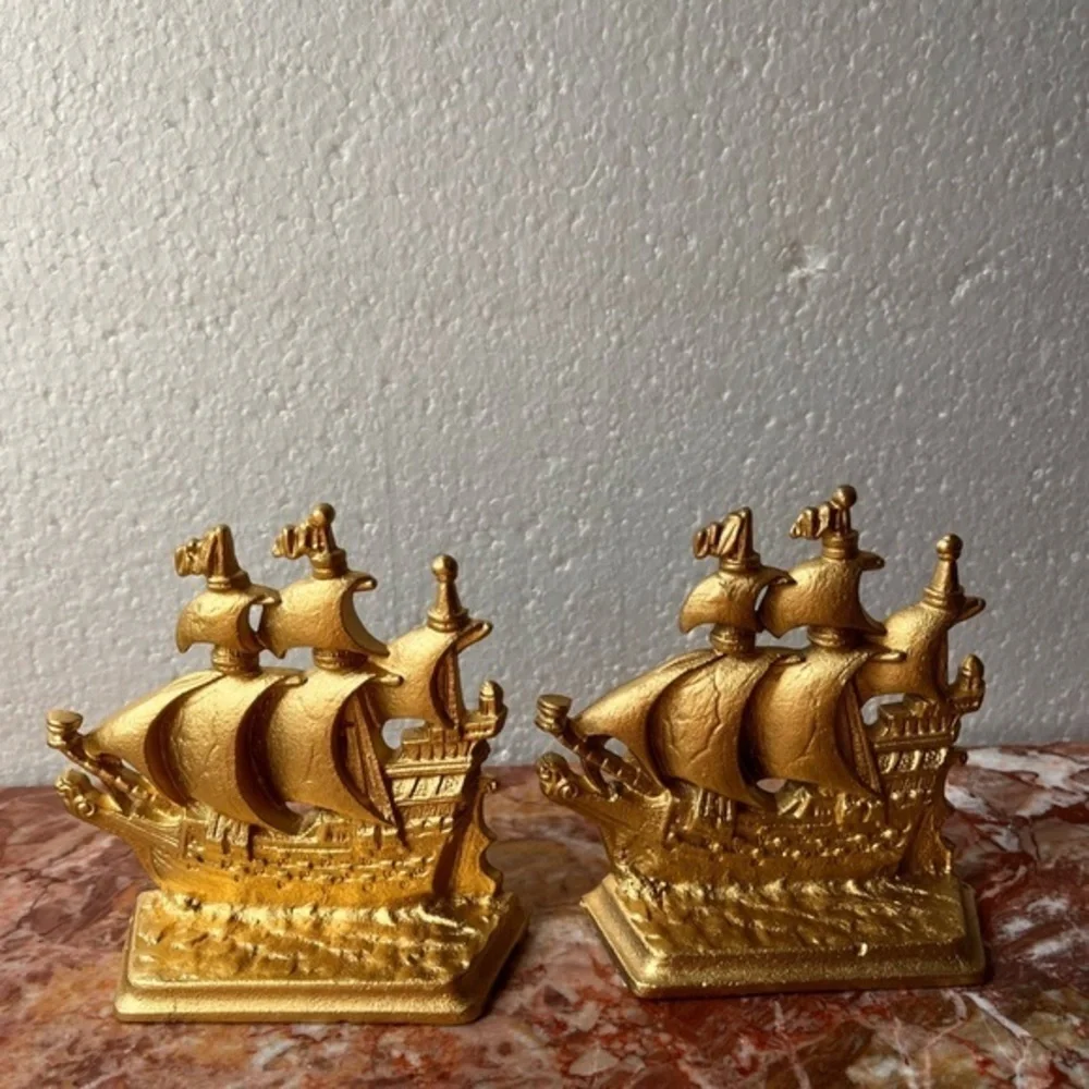 Antique Bronze gilded Bookend Sailing Boat 1803 Galleon Time Of Elizabeth Stamp